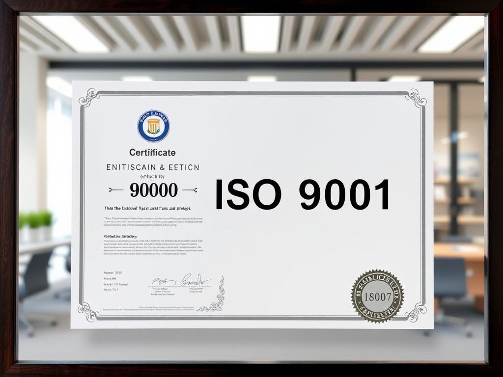 Certyfikat ISO 9001 dla firmy na tle nowoczesnego biura