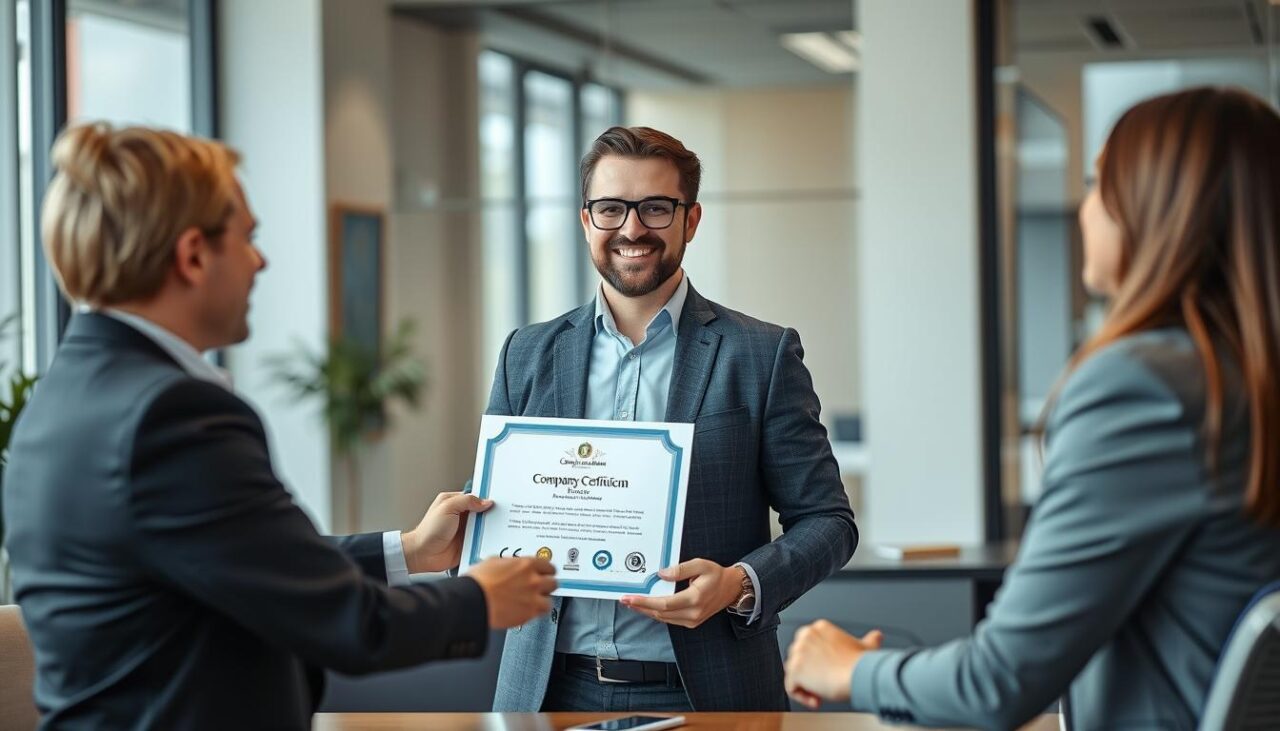 Przedsiębiorca prezentujący certyfikat dla firmy partnerom biznesowym
