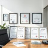 Różne certyfikaty dla firm ułożone na biurku biznesowym