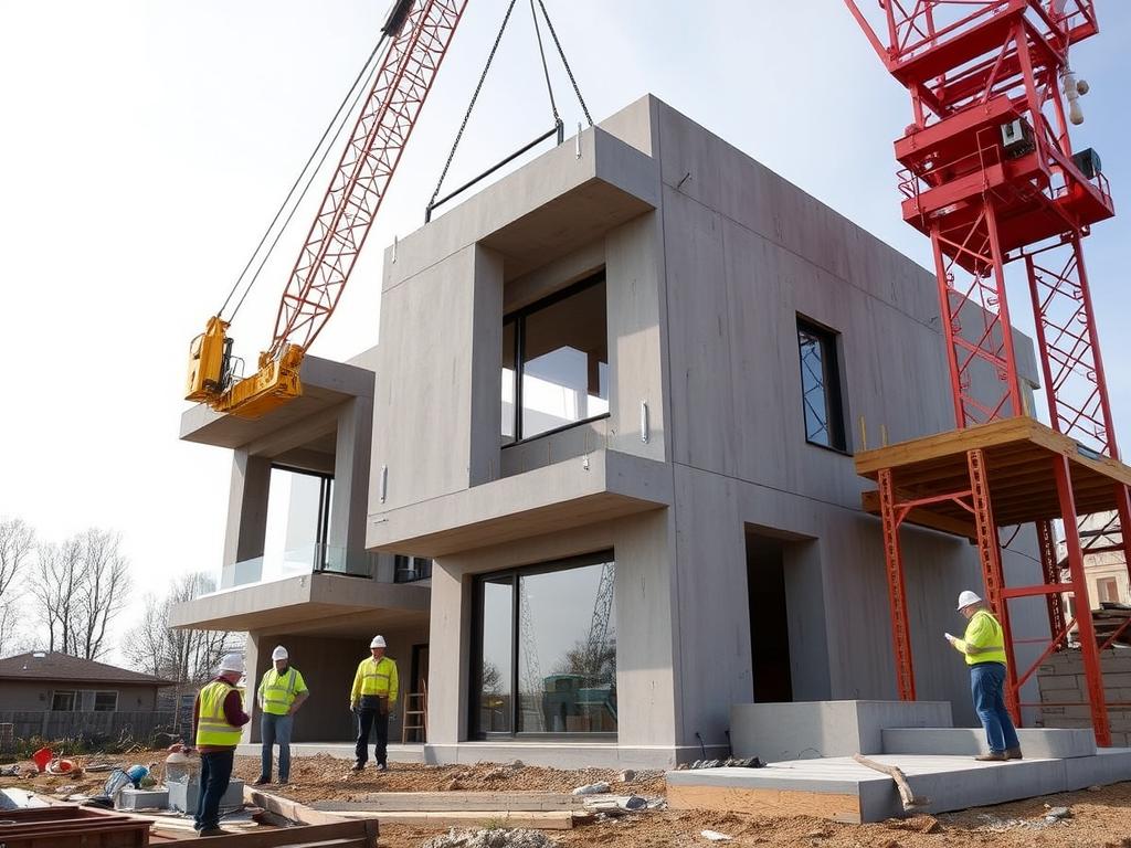 Dom modułowy betonowy podczas montażu elementów prefabrykowanych Dom modułowy betonowy podczas montażu elementów prefabrykowanych